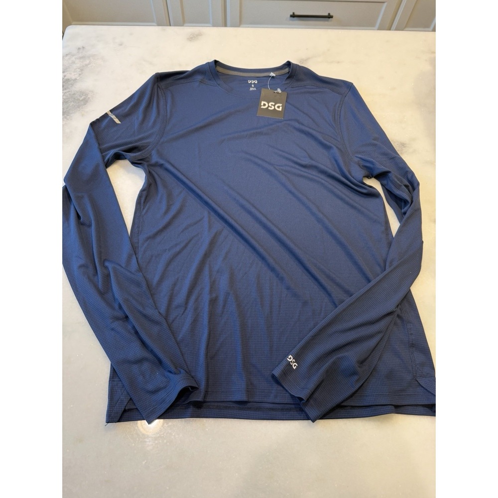 DSG Stride Run Tee Mens Small Navy Blue Long Sleeve Reflective Thumbhole NWT